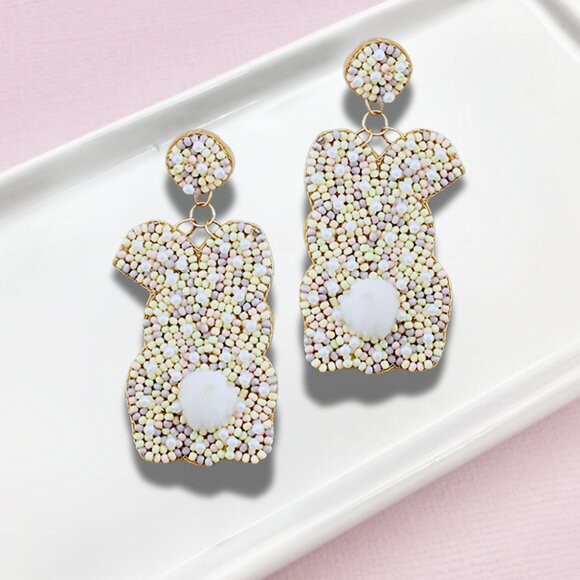 Pearl & Pom-Pom Accent Easter Bunny Seed Beaded Statement Gift Earrings NEW - Picture 4 of 5